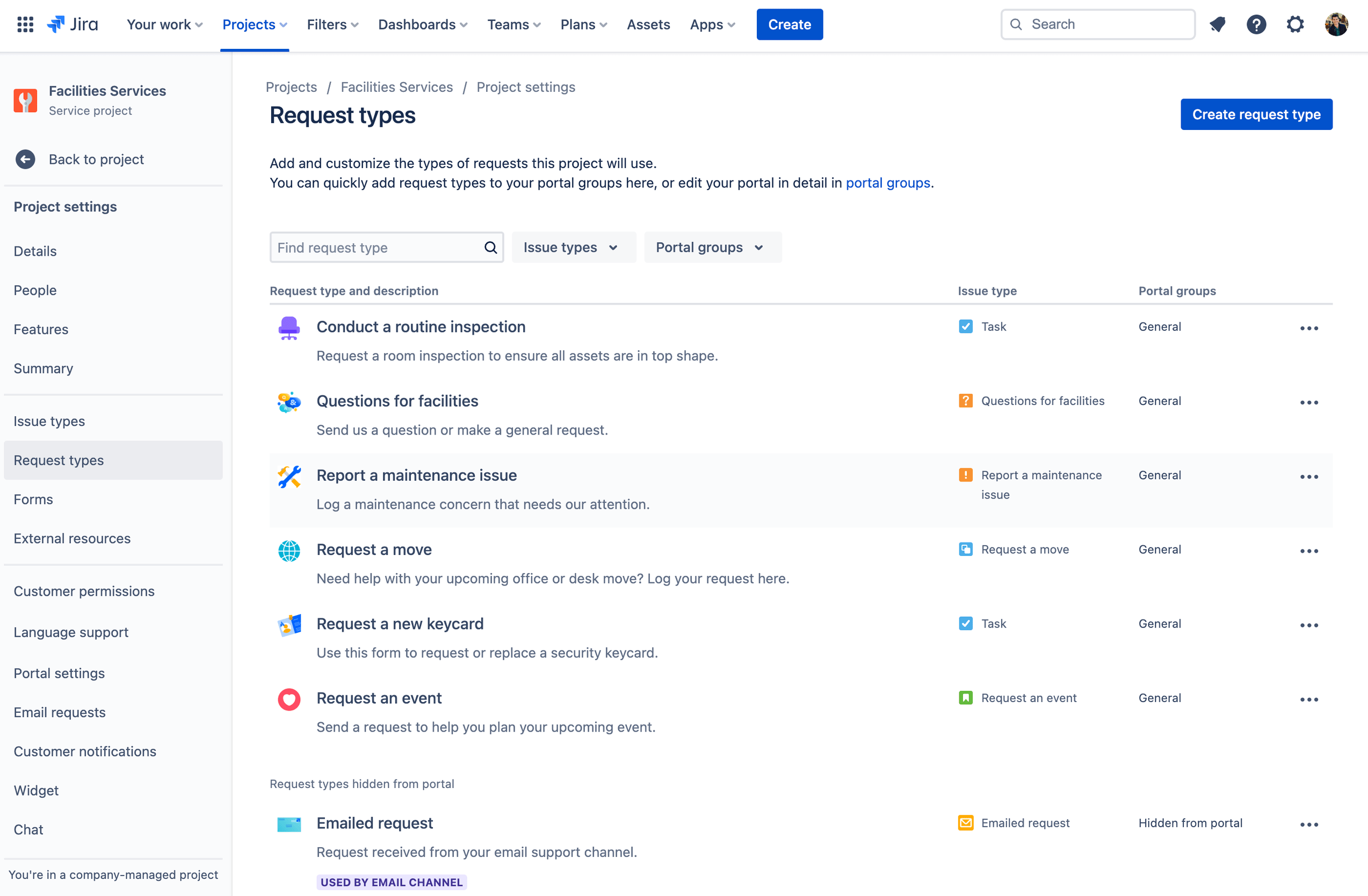 screenshot of how to create own request types